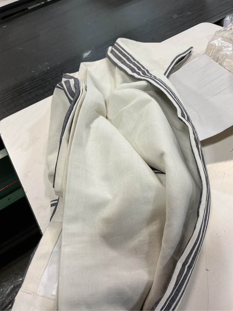 Condition photo showing Good Condition for coastal stripe linen cotton true blackout curtain - single panel, 48x84, ivory/navy