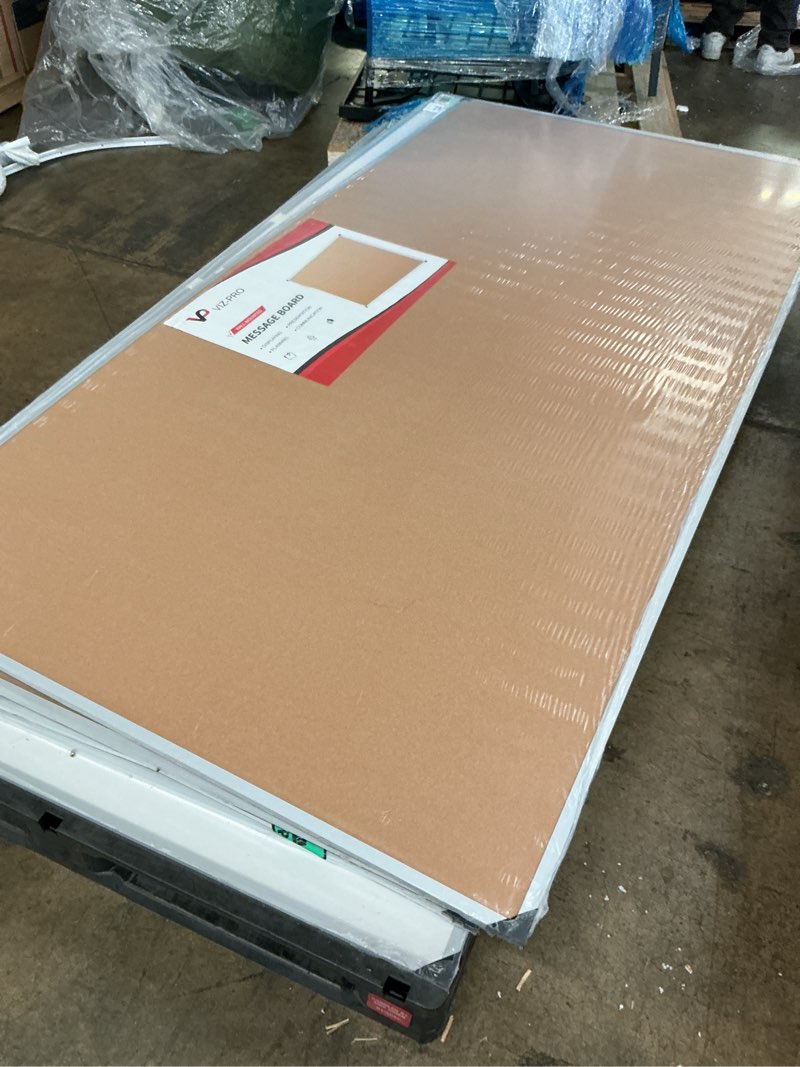 Condition photo showing As Is for viz-pro large cork bulletin board, 96 x 48 inches, wall-mounted corkboard with silver aluminium frame for school, office, and home 8' x 4'