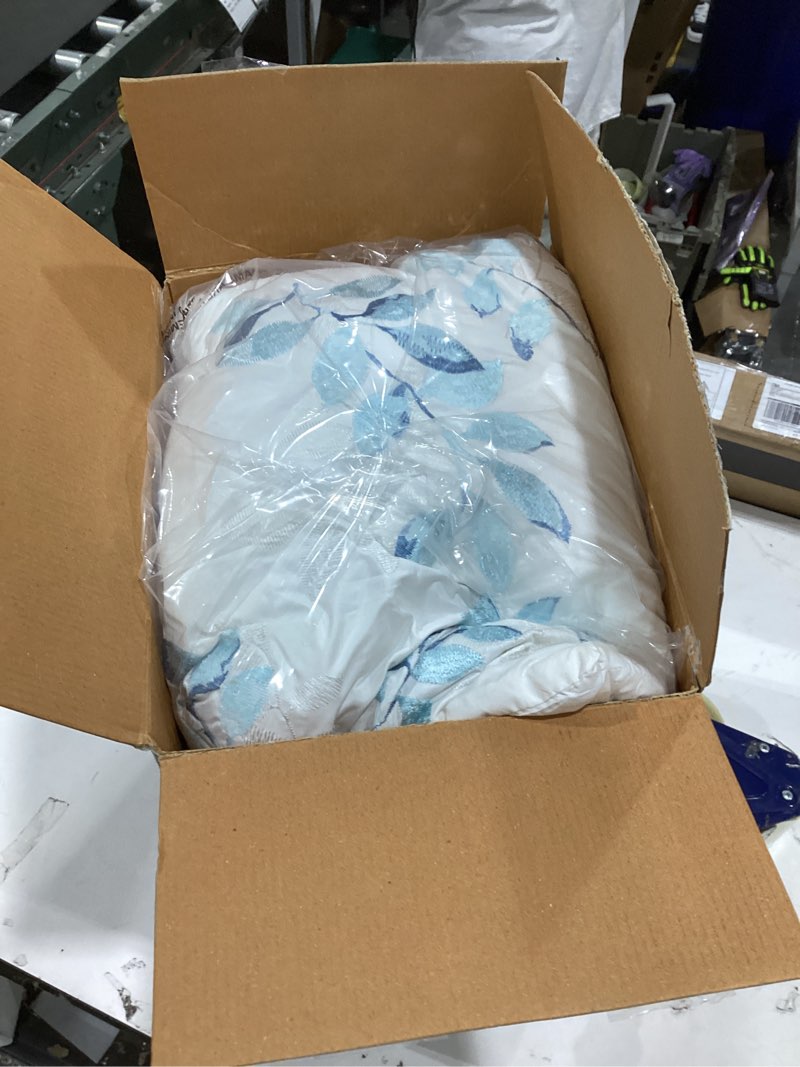 Condition photo showing As Is for Madison Park Essentials Cozy Bed in a Bag Reversible Comforter with Complete Sheet Set - Modern Botanical Print All Season Cover, Shams, Decorative Pillow, Queen(90"x90"), Blue 8 Piece Sofia, Blue Queen(90 in x 90 in)