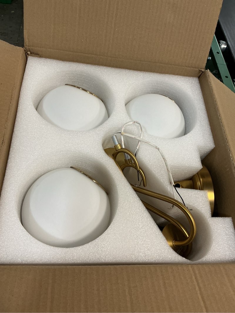 Condition photo showing Good Condition for 3 Lights Vintage Bathroom Vanity Light Fixtures Over Mirror, Brushed Gold Vanity Lights For Bathroom With Milk White Glass Globe Shade, Wall lights For Bedroom, Hallway, Dressing Table,Includ G9 Bulbs 3-light Gold