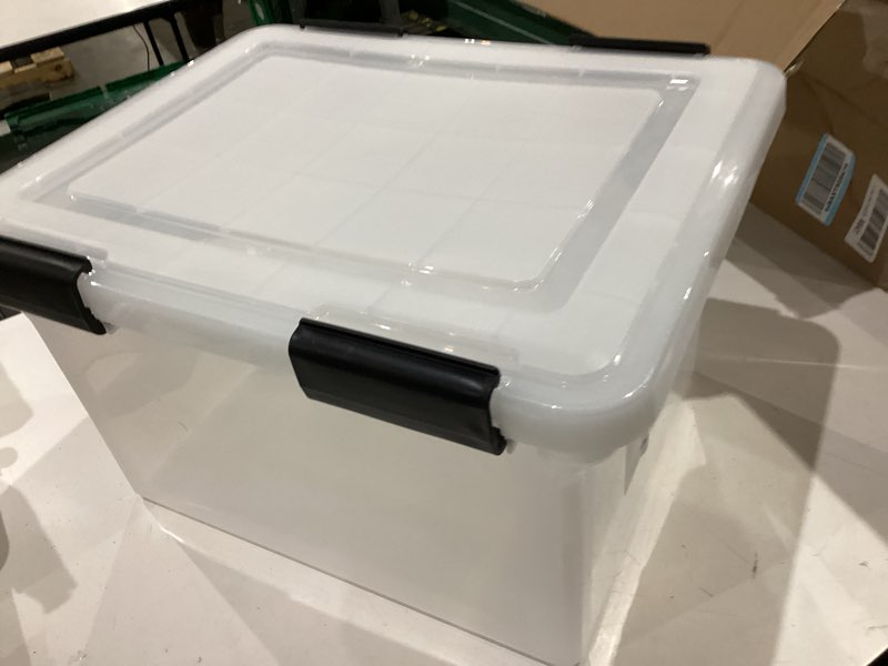 Condition photo showing Good Condition for iris usa file box weatherpro organizer plastic for letter/legal, water resistant document, durable lid, seal w/secure latching buckles, stackable, nestable, clear 32 qt. 1 pack weatherpro - 1 pack
