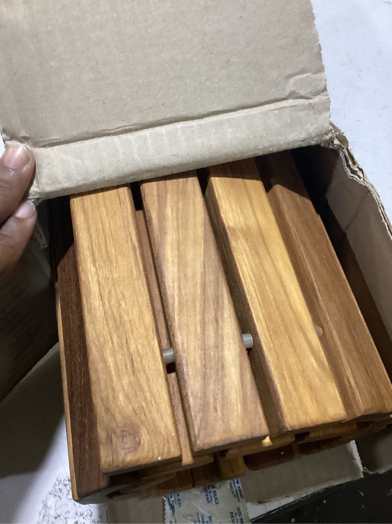 Condition photo showing As Is for nordic teak 100% solid teak wood string mat - indoor and outdoor use - non-slip wooden platform for sauna, pool, hot tub flooring decor and protector (oiled finish, 31.4" x 19.6") oiled finish 31.4" x 19.6" (rectangular)
