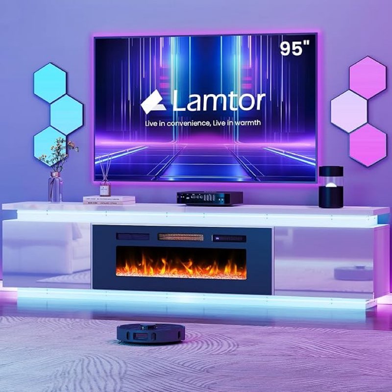 Lamtor Fireplace TV-Stand with 40" Fireplace - 2 LED Light TV-Stand for 90 95 inch TVs - Entertainme