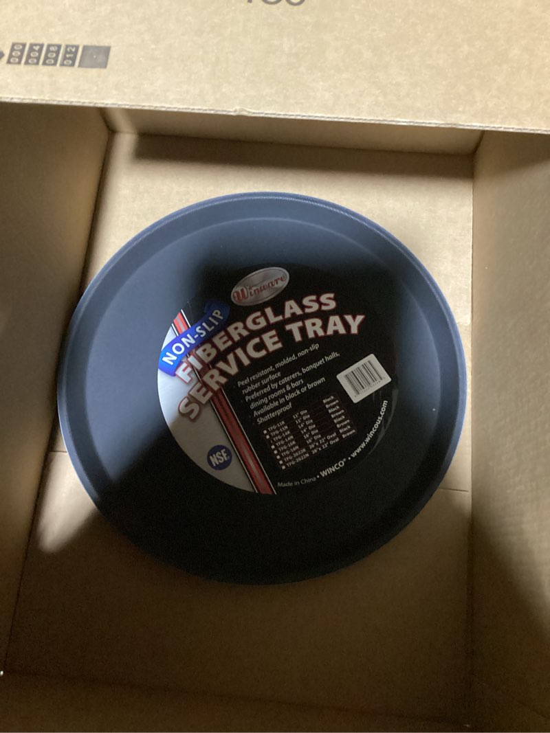 Condition photo showing New/Like New for Winco TFG-14K Round Fiberglass Tray with Non-Slip Surface, 14-Inch, Black Black 14"