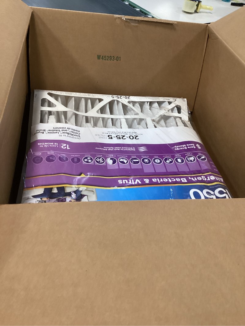 Condition photo showing As Is for filtrete 20x25x5 ac furnace air filter, mpr 1550, merv 12, fits trion airbear, certified asthma & allergy friendly, electrostatic air cleaning filter, 1-pack (actual size 19.56 x 24.13 x 4.75) 4.7" x 24.2" x 19.6"