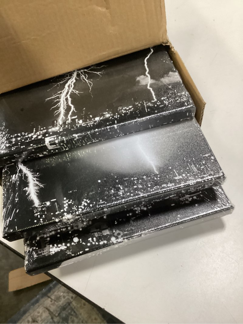 Condition photo showing New/Like New for Biuteawal - Black and White Wall Art Nature Lightning Strikes in The Clouds Painting on Canvas Storm and City Night View Picture Print for Home Office Living Room Decoration Wall Decor W50"xH24"