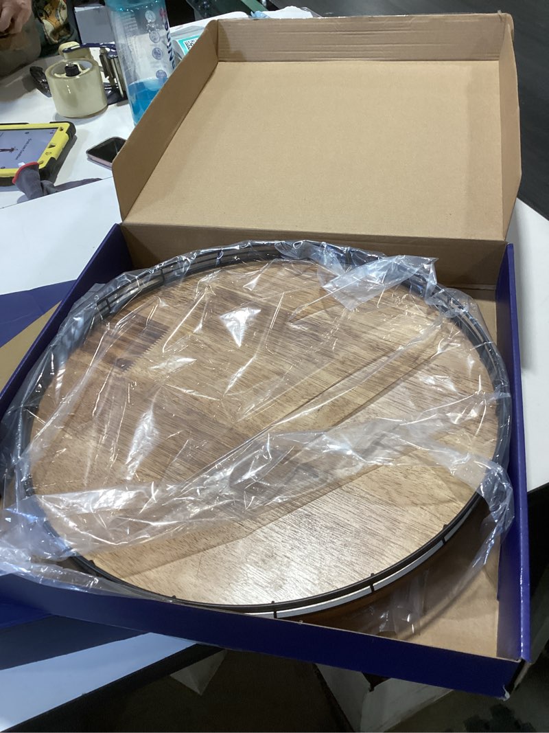 Condition photo showing New/Like New for 16" lazy susan oak wood turntable organizer for cabinet, farmhouse round wooden large lazy susan organization and storage for dining table, pantry, kitchen, bathroom, countertop, cupboard, home decor brown & black 16 inches