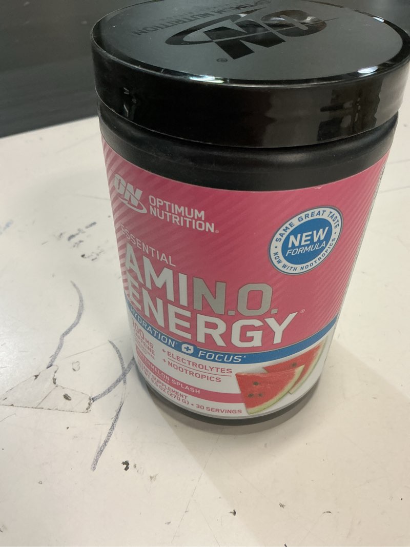 Condition photo showing New/Like New for (expiration 2027/11/93)  optimum nutrition amino energy powder plus focus, with bcaa, electrolytes, and caffeine, watermelon, 30 servings (packaging may vary) watermelon 9.5 ounce (pack of 1)