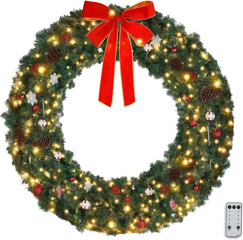 60-Inch 220-LED 600-Branch Pre-Lit Outdoor Christmas Wreath with Remote Control and Timer