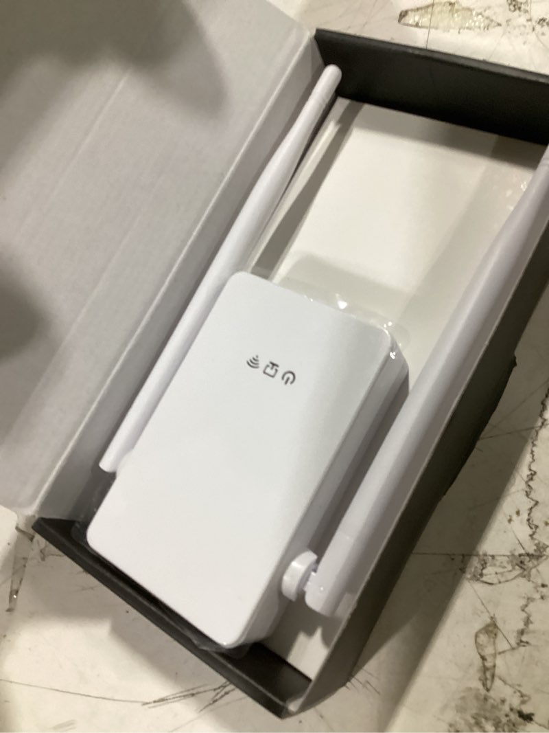 Condition photo showing As Is for 2026 wifi extender signal booster, new gen internet booster for home, 4x faster, covers up to 16,899 sq.ft, wi-fi repeater with ethernet port, wireless long range amplifier, easy setup (white)