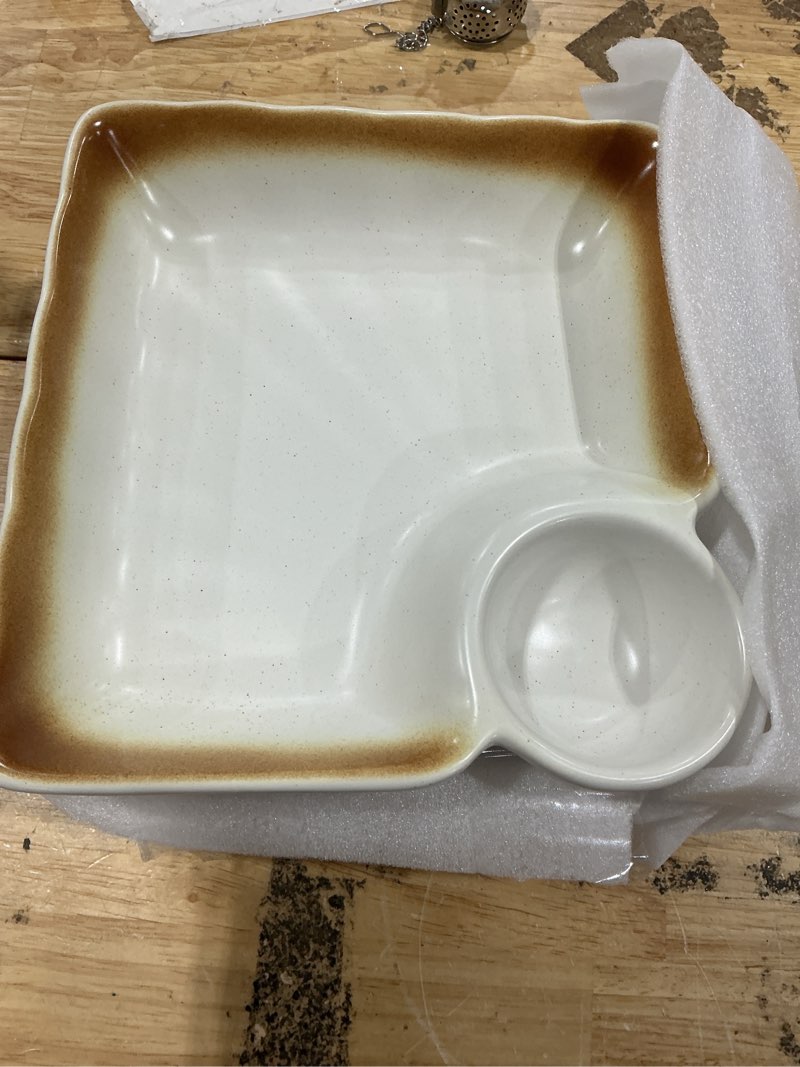 Condition photo showing New/Like New for ceramic dumpling plates with sauce compartment set of 2 - 7.4 inch divided serving trays - japanese style sushi plates for appetizers, snack and side dishes, microwave & dishwasher safe, black & white
