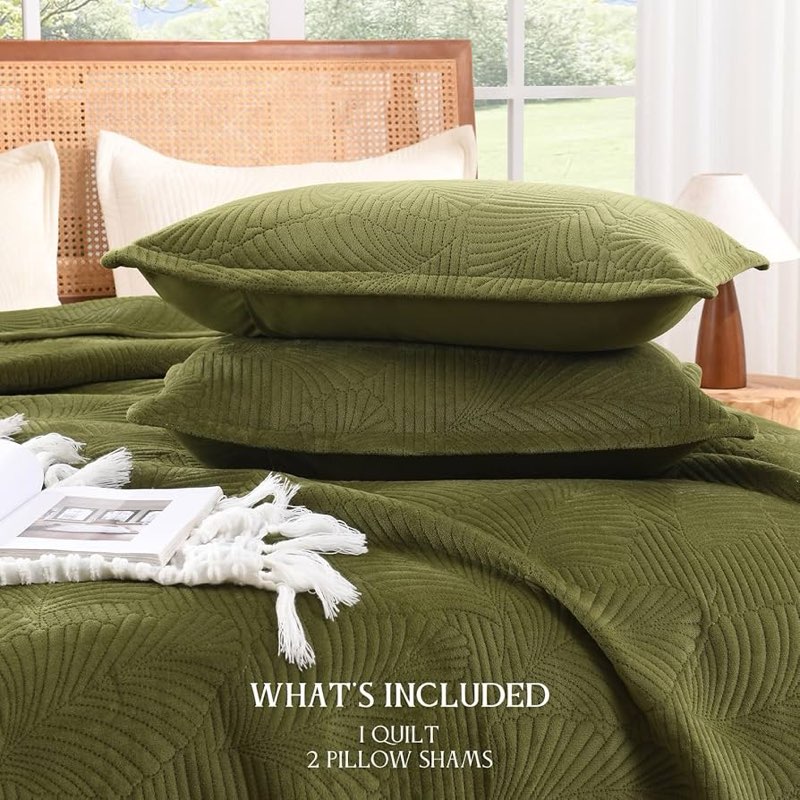 warmdern ultrasonic green velvet quilt set king size, geometric textured weave pattern modern quilt 