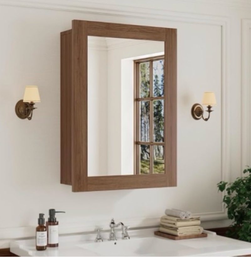 buruis 20 x 28 inch walnut grain medicine cabinet with mirror, recessed or wall-mounted wood storage cabinet for bathroom, adjustable shelves, soft-close hinges, rectangle