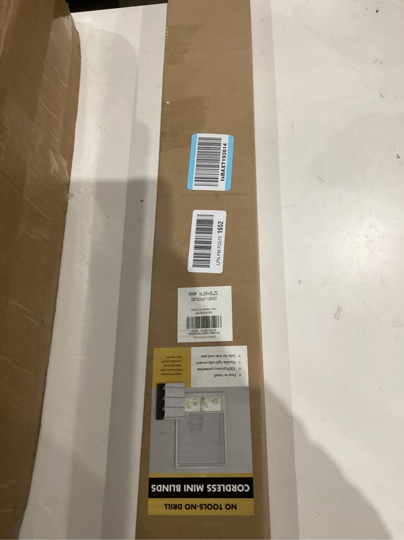 Condition photo showing New/Like New for No Drill Blinds for Windows 1" Vinyl L-Shaped Slats Cordless Mini Blinds for Home, for Window Size 32" W × 64" H White White 32" W × 64" H