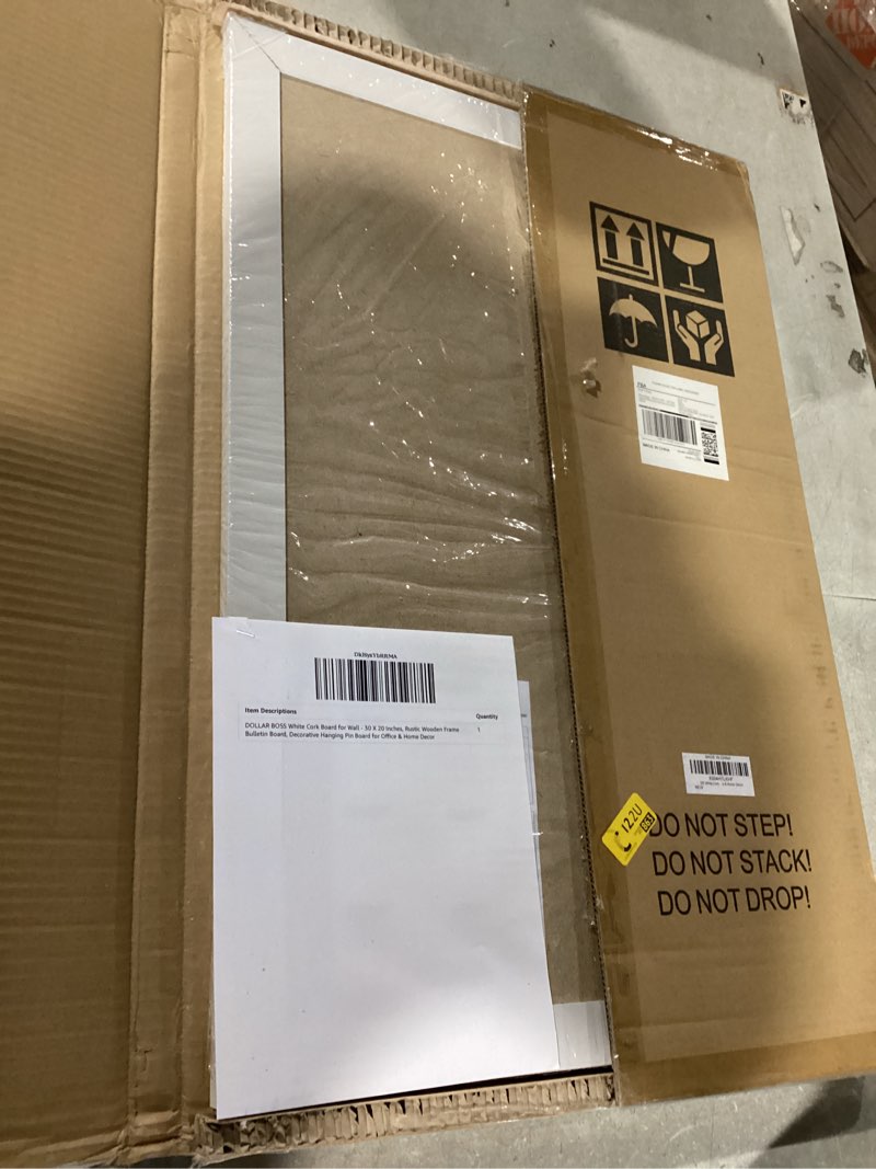 Condition photo showing Good Condition for DOLLAR BOSS White Cork Board for Wall - 30 X 20 Inches, Rustic Wooden Frame Bulletin Board, Decorative Hanging Pin Board for Office & Home Decor White 30''X 20‘’