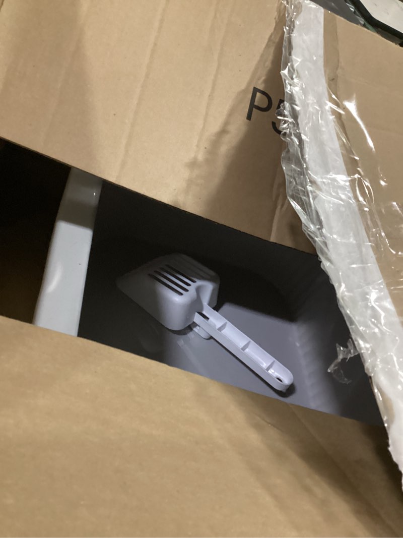 Condition photo showing As Is for extra large litter box with high sides 25.27" lx17.83 wx13.11 h,anti-splashing,tool-free assembly,multi kitty cat litter box,jumbo (grey)