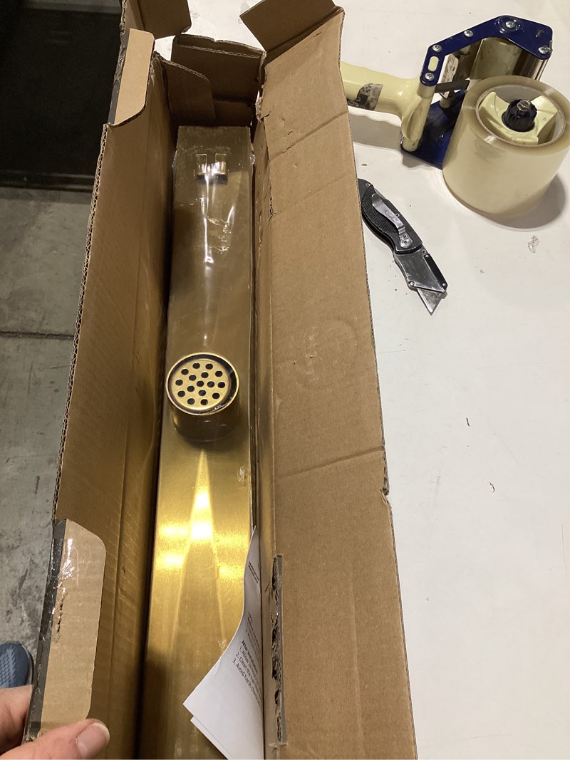 Condition photo showing Good Condition for htoh linear shower drain, 24 inch gold shower drain with removable square hole cover grate, bathroom modern 304 stainless steel brushed gold shower floor drain with adjustable feet,hair catcher brushed gold 24in