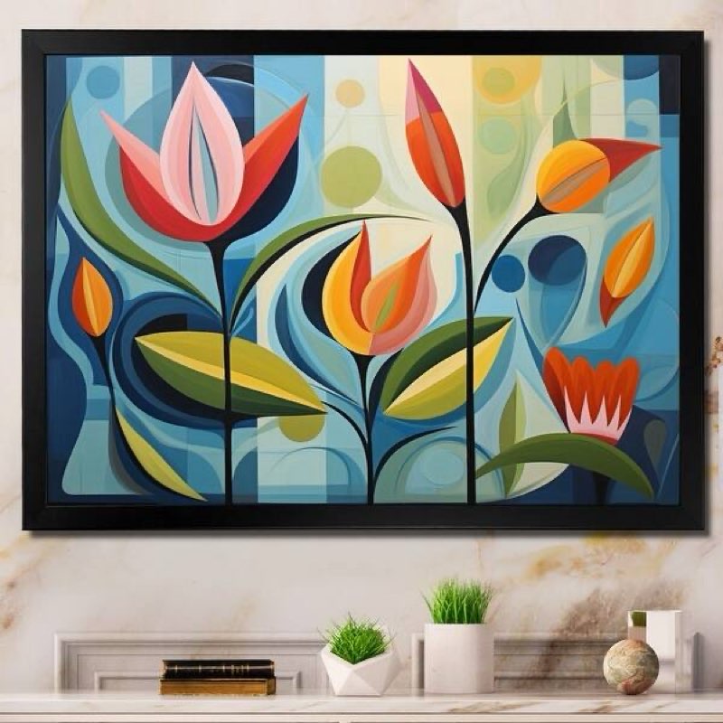 Designart "Green Mid Century Mod Nature II" Mid-century Framed Canvas Art Print( 12” x 20” in) 