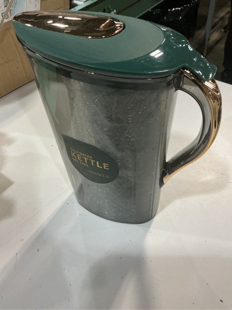 Condition photo showing Good Condition for berglander fridge door water pitcher with lid perfect for making tea, juice and cold drink, 71 oz water jug made of clear pet, clear fiber glass carafe bpa free blue