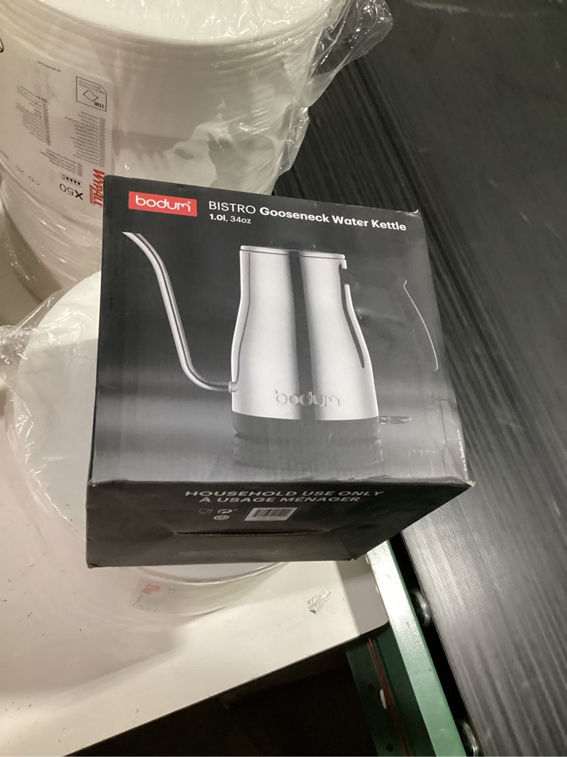 Condition photo showing Good Condition for bodum 34oz bistro gooseneck electric water kettle, pour over coffee & tea, polished stainless steel