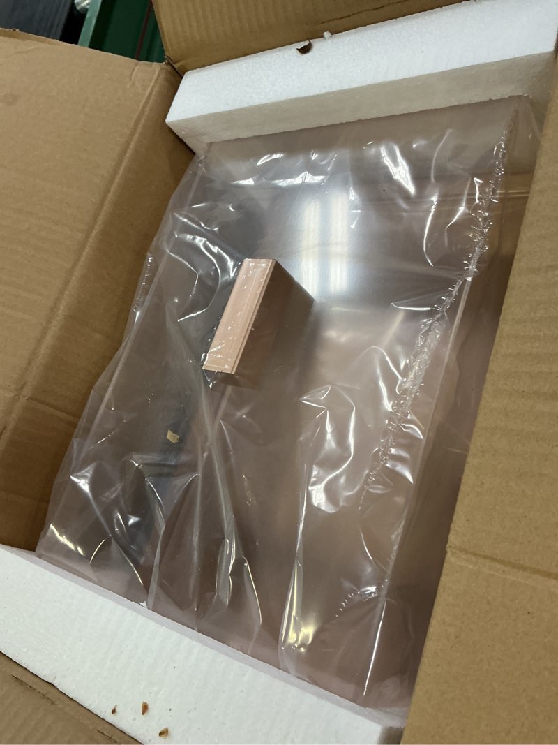 Condition photo showing New/Like New for acrylic cake stand | multifunctional serving tray | elegant rose gold food tray with clear lid | perfect as a cake box and serving platter for party, home and kitchen | shatter resistant rectangular / 14.5 x 9 in rose gold