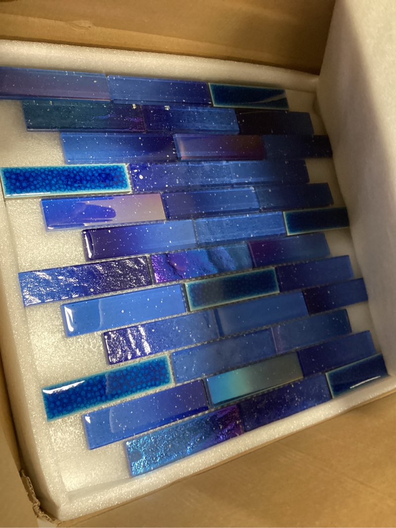 Condition photo showing New/Like New for Blujellyfish Blue Glass Porcelain Tile Box of 5 Square Feet Iridescent Starry Sky Backsplash Tile for Swimming Pool Kitchen Bathroom TSTNB18 (5 Square Feet) Subway Blue 5 Square Feet