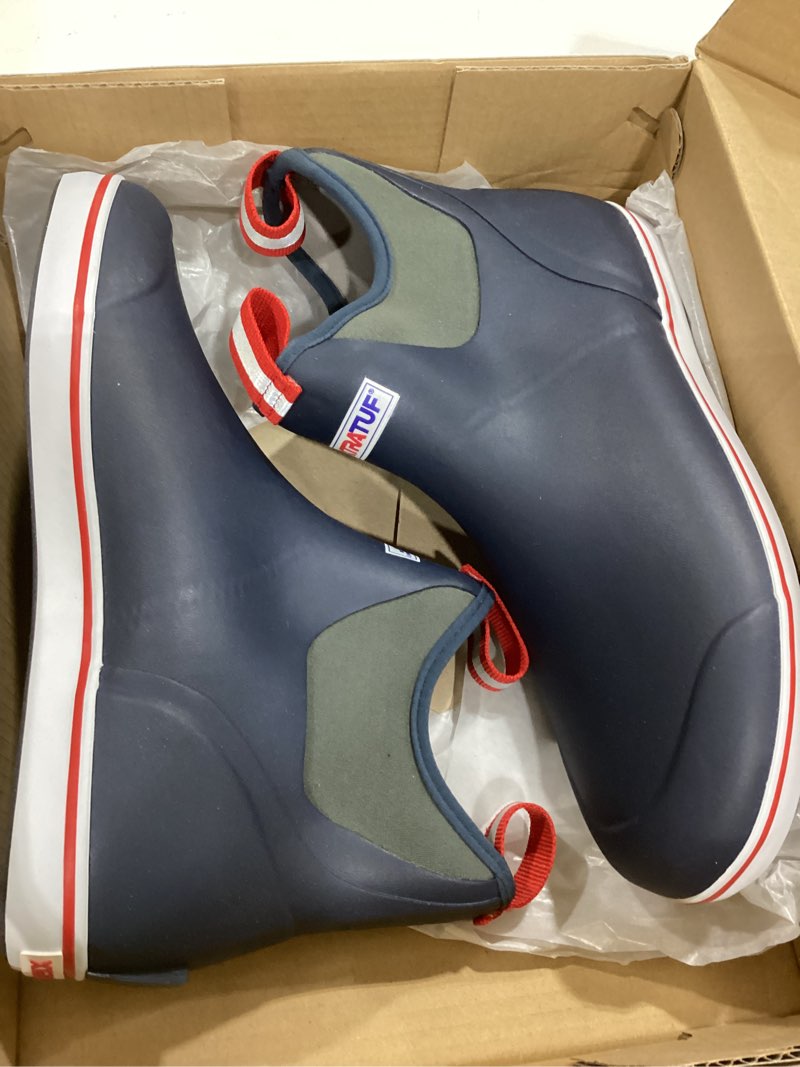 Condition photo showing Good Condition for xtratuf 6” men’s ankle deck boot - lightweight, 100% waterproof rubber footwear - non-marking, slip-resistant outsole - moisture-wicking liner 12 navy & red