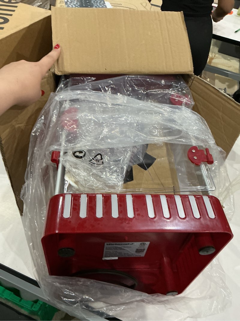 Condition photo showing As Is for elite gourmet epm-250 maxi-matic 2.5 ounce classic carnival, tabletop kettle popcorn popper machine, retro-style, movie hot buttered popcorn, red 1-gallon
