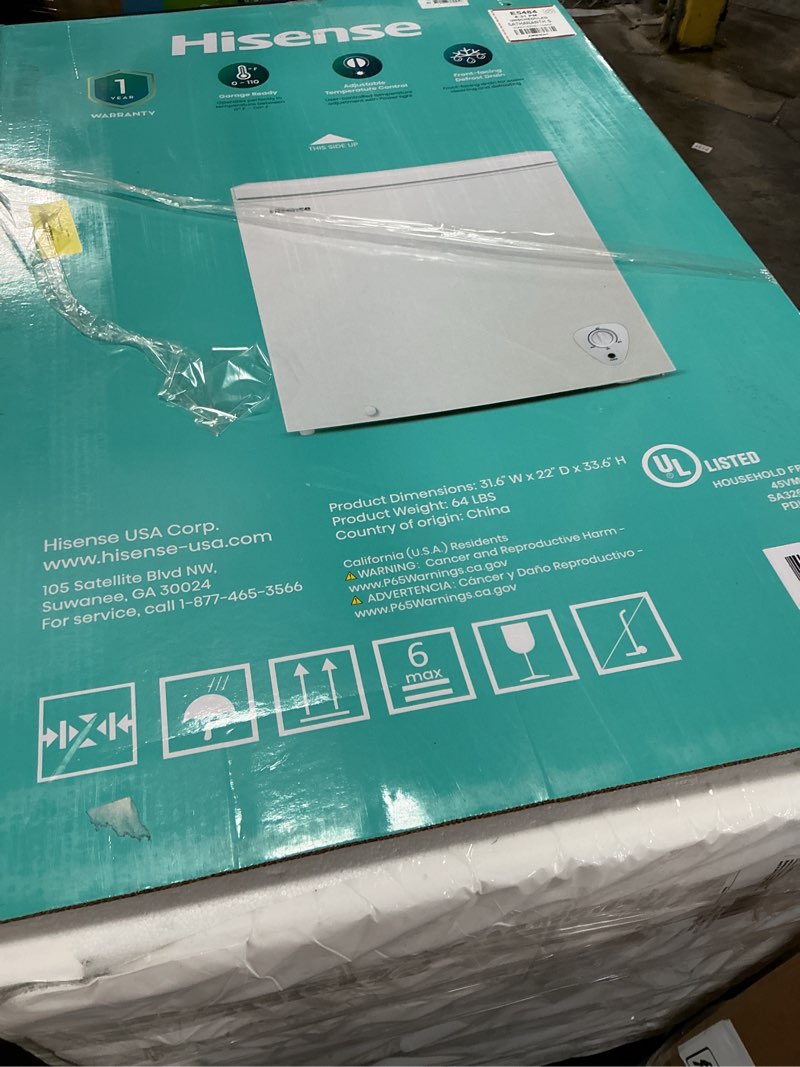 Condition photo showing As Is for hisense 7 cu ft chest freezer white - compact, energy-efficient freezer ideal for bulk food storage in homes, garages, and small spaces