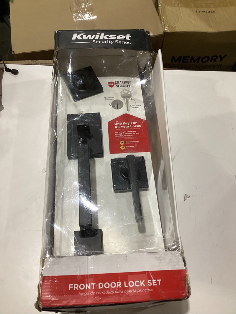 Condition photo showing Good Condition for Similar to stock photo!!! Kwikset Henley Front Door Lock Handle and Deadbolt Set, Entry Handleset Exterior with Interior Reversible Lever, Matte Black, Pick Resistant SmartKey Rekey Deadbolt Security, with Microban Protection