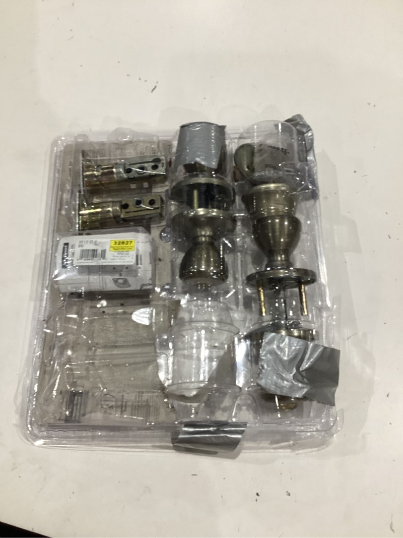 Condition photo showing As Is for kwikset 242 tylo entry knob and single cylinder deadbolt project pack in antique brass