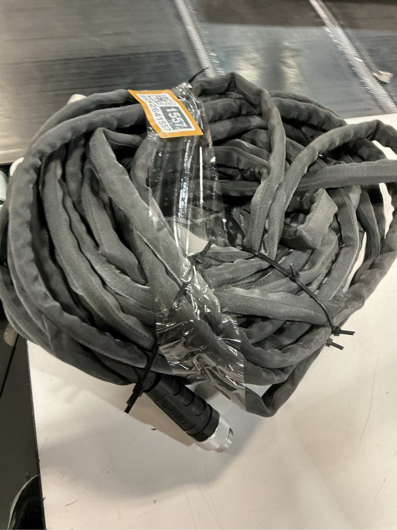 Condition photo showing As Is for garden hose 25ft, made of tpe(not pvc), ultra-light & flexible water hose with solid brass fittings, non-shrinking, easy to storage, drinking water safe material, all-weather, black, newbox 25ft black