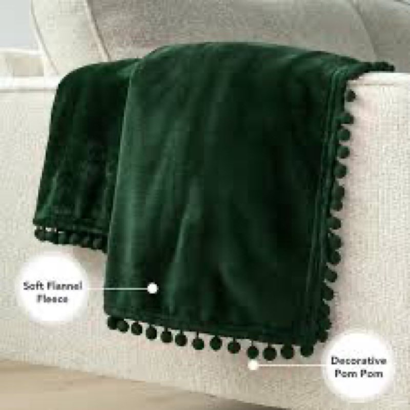 pavilia fleece throw blanket for couch with pom pom fringe, emerald green, soft cozy fuzzy flannel blanket for sofa bed, lightweight plush all season throw, 10x10 inches