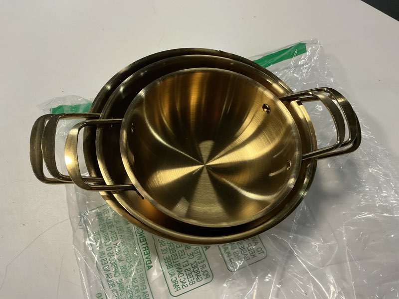 Condition photo showing Good Condition for 3 korean ramen noodle pot with handles, stainless steel everyday pan, golden korean cooking pot for soup, noodle, pasta, home and outdoor, dishwasher safe, size 7", 8.7", 9.5"