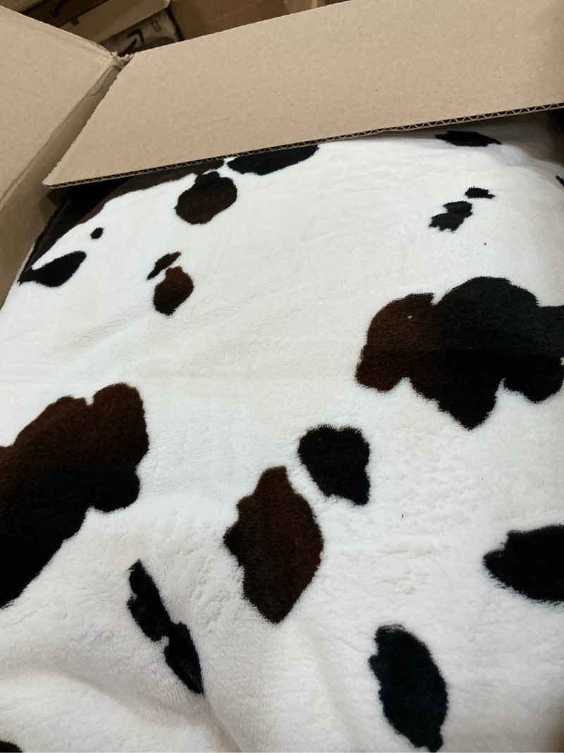 Condition photo showing As Is for cozy bliss fluffy comforter set queen size cow print, farmhouse sherpa bed set, ultra soft thick bedding set for winter, 3 pieces, 1 fuzzy comforter & 2 pillow shams