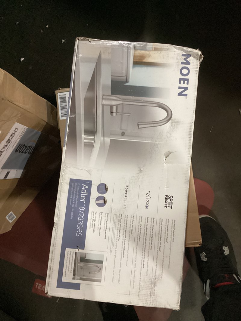 Condition photo showing New/Like New for Moen Adler Spot Resist Stainless One-Handle High Arc Pulldown Kitchen Faucet with Power Clean, 87233SRS Spot Resist Stainless Standard