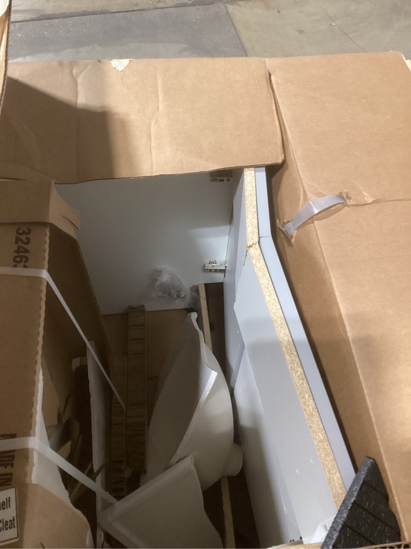 Condition photo showing As Is for broken project source dover 30-in light gray single sink bathroom vanity with white cultured marble to