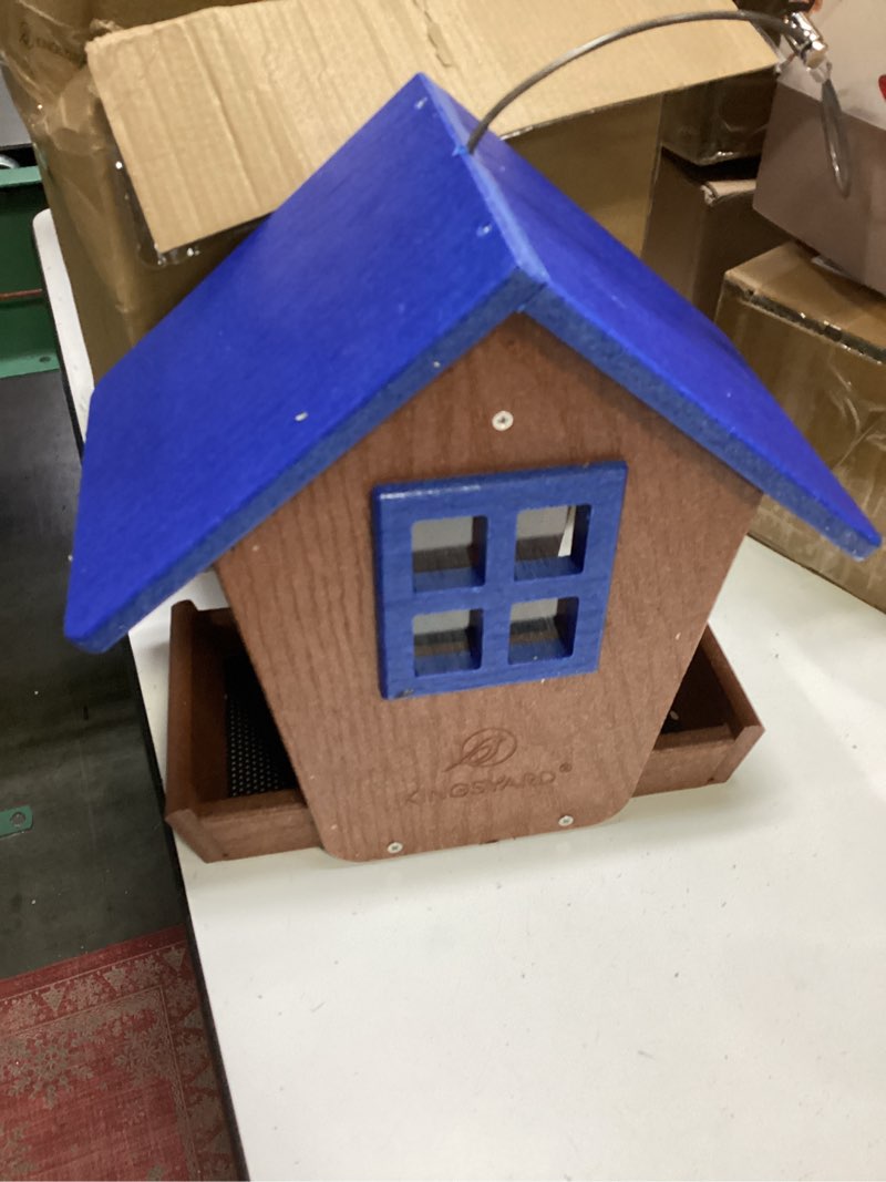 Condition photo showing Good Condition for Kingsyard 4 lbs Large Bird Feeder House for Outdoors Hanging, WPC Composite Bird Feeder Hopper with Weatherproof Roof & Capacity Tray for Cardinal Bluebird, Garden Yard Outside Decor, Blue