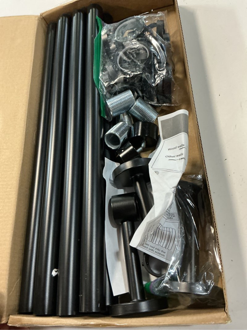 Condition photo showing Good Condition for twopages 1" heavy duty 28-84" adjustable curtain rod with rings, black | seamless rod design, smooth & quiet gliding, heavy duty carbon steel, secure wall mount, easy telescopic adjustment 28"-84" black
