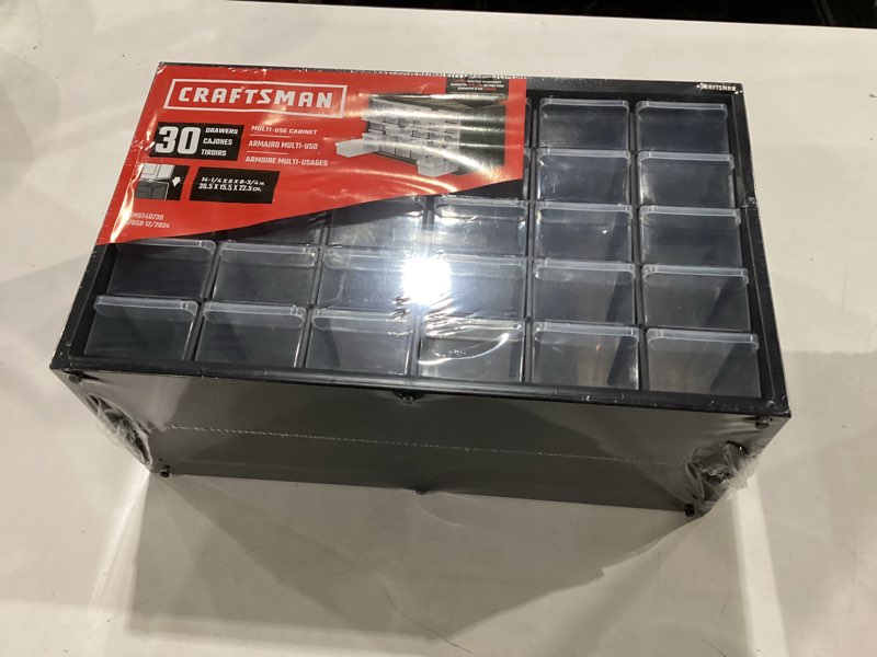 Condition photo showing Good Condition for craftsman storage organizer, 30 small drawer modular storage system, easily stackable (cmst40730), plastic, black, white 30 30 bins