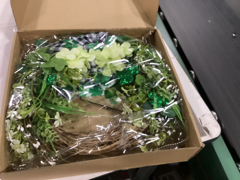 Condition photo showing New/Like New for 20 inch st. patrick's day wreath for front door, shamrock leaves wreath with hydrangea flowers wreath for indoor outdoor, lucky patricks day door decor
