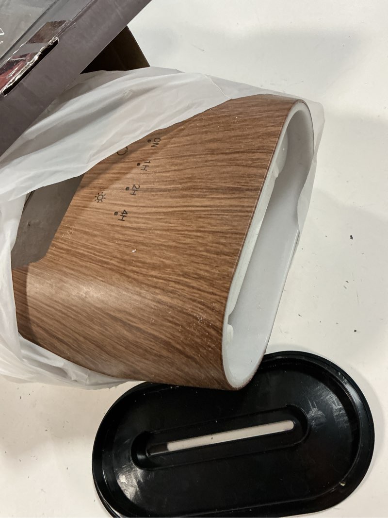 Condition photo showing As Is for essential oil diffuser for home: 200ml aromatherapy diffuser with himalayan pink salt rock, cool mist humidifier with auto off function and 9 colors led night light for bedroom wooden grain