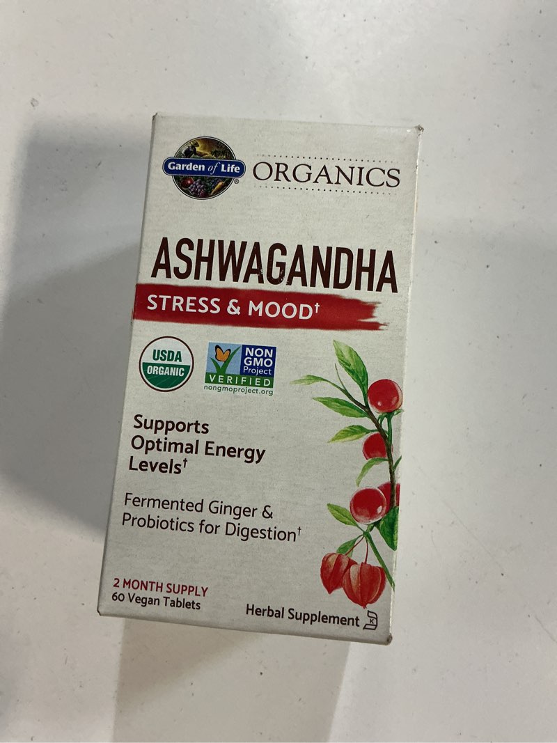 Condition photo showing New/Like New for Best by/03/2026)Garden of Life Organic Ashwagandha Supplement with Probiotics & Ginger - Stress, Mood & Energy Support, Vegan, Gluten Free, Non GMO, 2 Month Supply, 60 Tablets