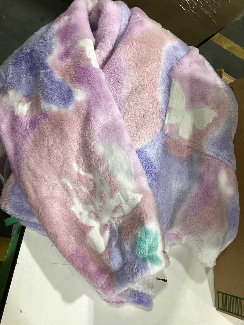 Condition photo showing Good Condition for the comfy dream | lightweight microfiber fleece wearable blanket, oversized design with hood from shark tank, soft oversized pocket blanket, warm and cozy gifts cotton candy tie dye