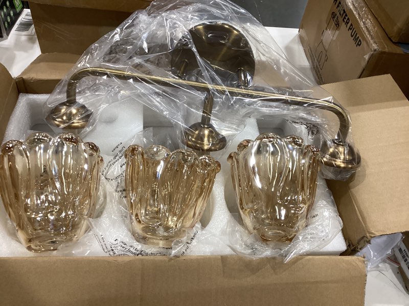 Condition photo showing Good Condition for daunton vintage 3 light vanity light, gold bathroom vanity light, bathroom light fixtures with amberglass shade, antique vanity light fixtures over mirror, wall sconce for bedroom, living room 18.1in amber