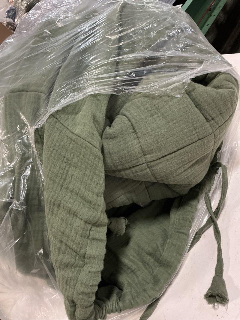 Condition photo showing As Is for quince-airy gauze duvet cover set - cotton-olive green- twin-new