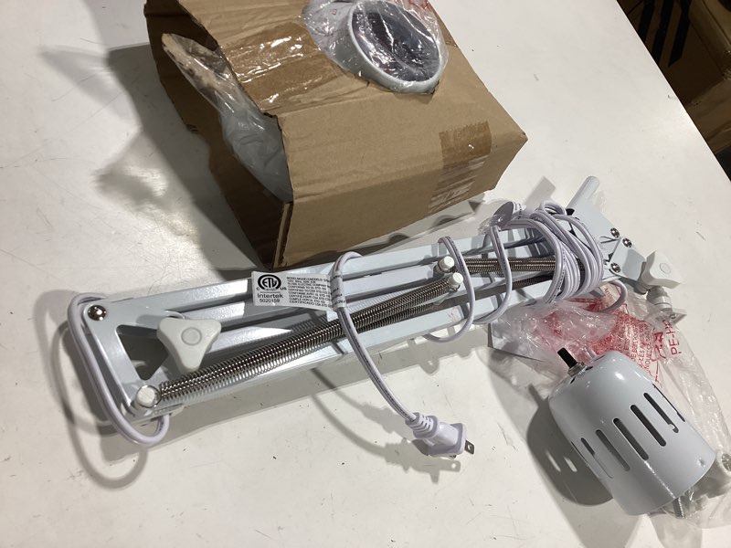 Condition photo showing As Is for globe electric 52847 31.5 inch swing arm clamp-on white desk lamp with nickel accents, on/off rotary switch, book reading light, home essentials, office décor, led bulb compatible