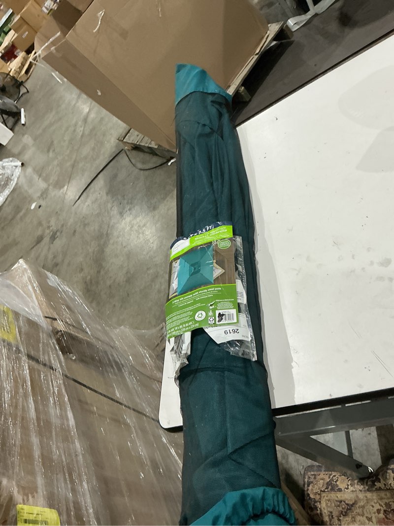 Condition photo showing As Is for mainstays outdoor 6 x 7.5' rectangle teal market patio umbrella, push-up, 3-angle tilt