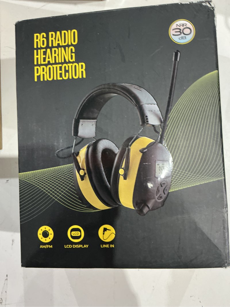 Condition photo showing As Is for bjking am/fm radio headphones with digital display, 30db am fm hearing protection safety ear muff, ear protection headphone for mowing, landscaping, shooting and construction black-yellow