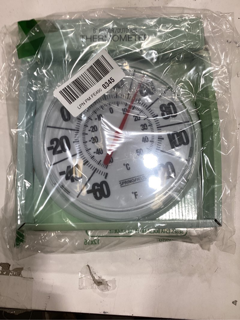 Condition photo showing New/Like New for Springfield Indoor Outdoor Big Dial Thermometer, Wireless with Large Easy-to-Read Numbers, 8-Inch Dial for Patio, Pool, or Indoor Use, White Finish White No Size